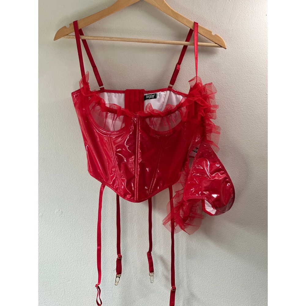 Forplay Red Faux Leather Corset Garter Belt Thong Set Ruffle Mesh Vinyl Large